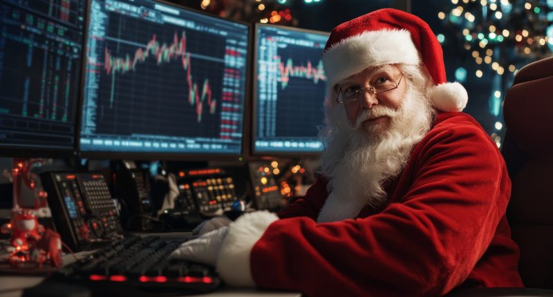 Santa looking at stock charts