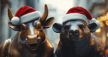 Bear and bull statues wearing Christmas hats