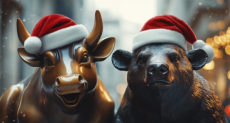 Bear and bull statues wearing Christmas hats