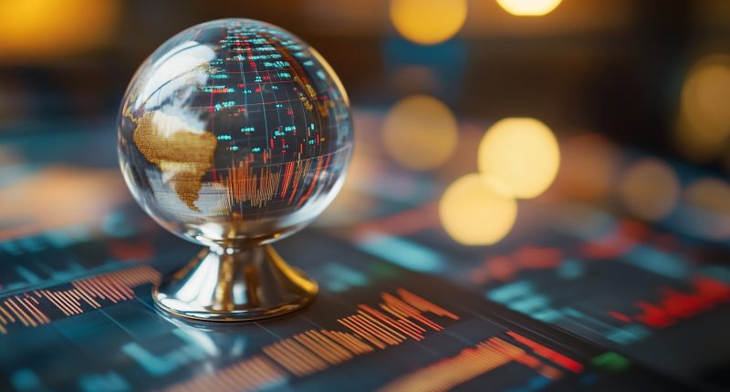 Globe sitting on computer screen showing stock market graphs