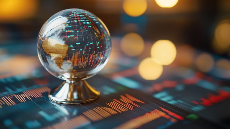 Globe sitting on computer screen showing stock market graphs