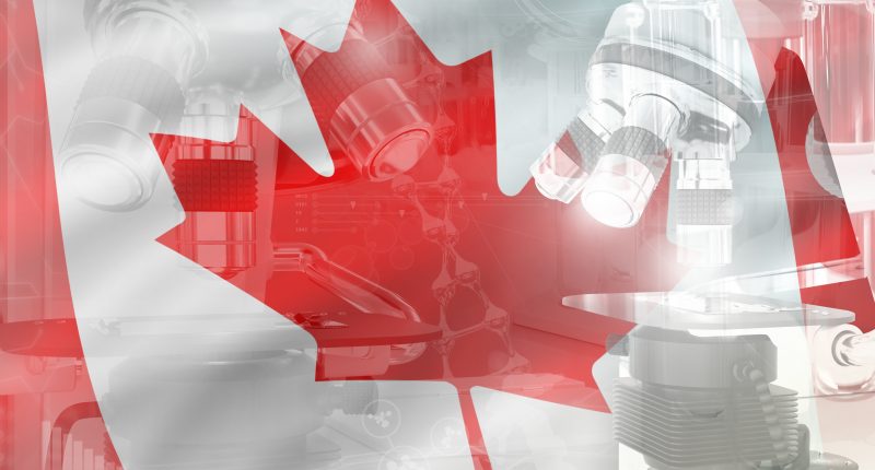 Canadian flag, medical equipment and stock chart