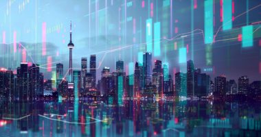 Stock charts and Toronto skyline