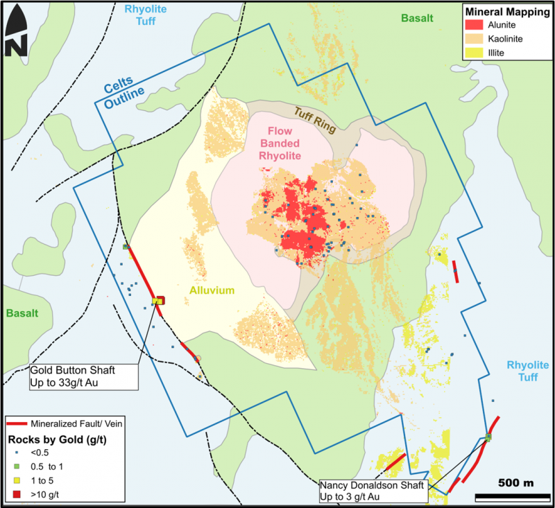 (Simplified geology, alteration and gold geochemistry at celts. Source: Orogen Royalties Inc. and Eminent Gold Corp.)