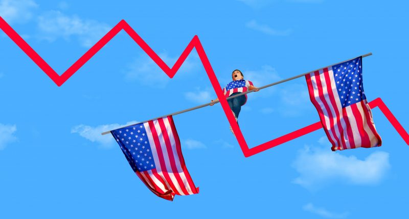 Man balancing on a stock chart with USA flags