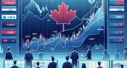 AI generated stock image Canadian Maple Leaf on top of stock market graph, with people on the floor looking upward