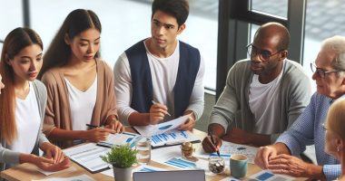 AI generated stock image of financial planning for different life stages. Young adults, mid-career, and retirement-age persons.