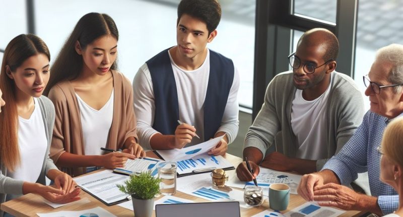 AI generated stock image of financial planning for different life stages. Young adults, mid-career, and retirement-age persons.