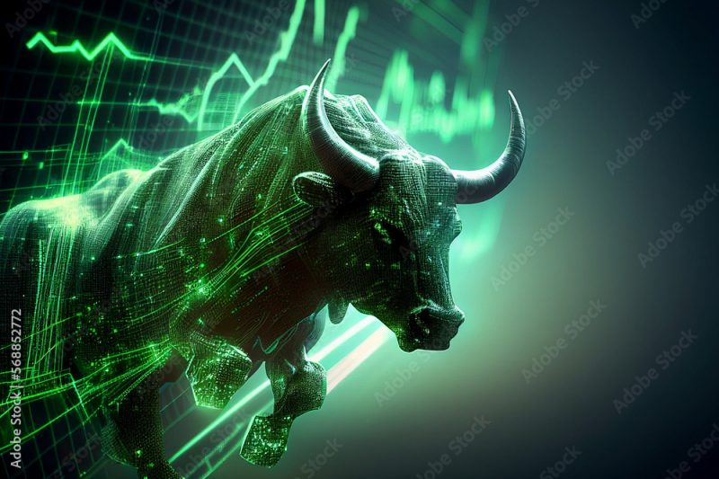 bull jumping out of stock market hologram graph