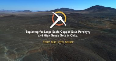 San Lorenzo Gold logo, mission and tickers over Chilean mountains