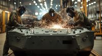 Soldiers welding on tank made from critical metals