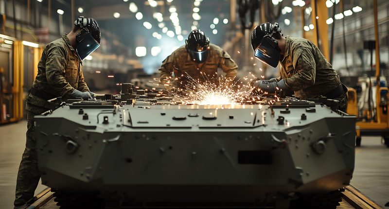 Soldiers welding on tank made from critical metals